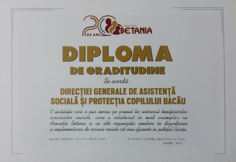 Diploma de gratitudine pentru DGSAPC Bacau